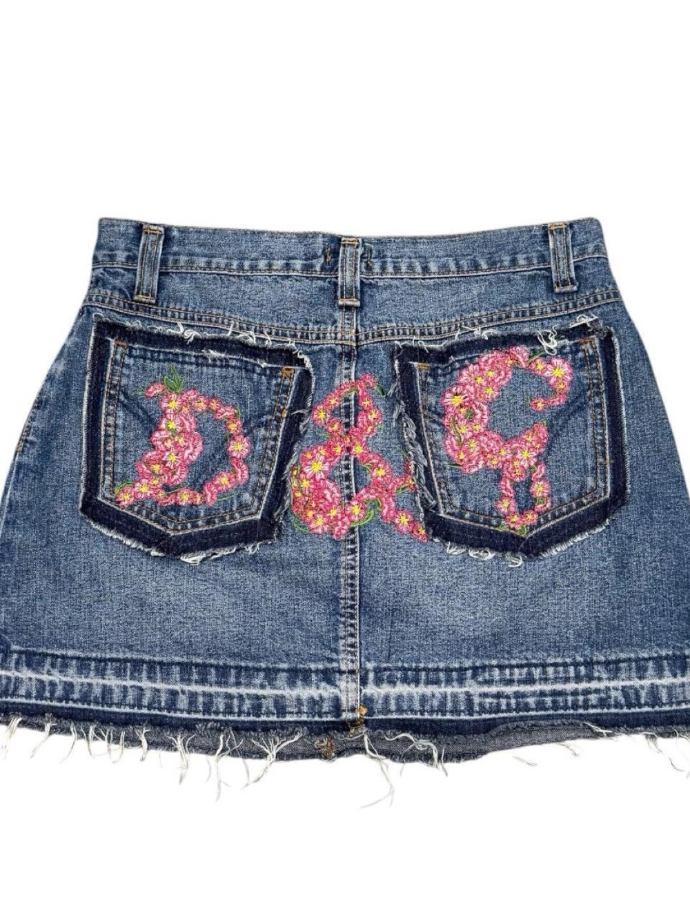 Dolce & Gabbana Blue Denim Mini Skirt with Pink Floral Embroidery